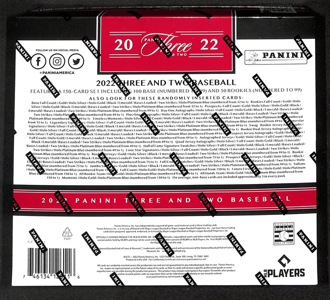 2022 Panini Three & Two Factory Sealed Baseball Hobby Box (1 auto & 1 relic)