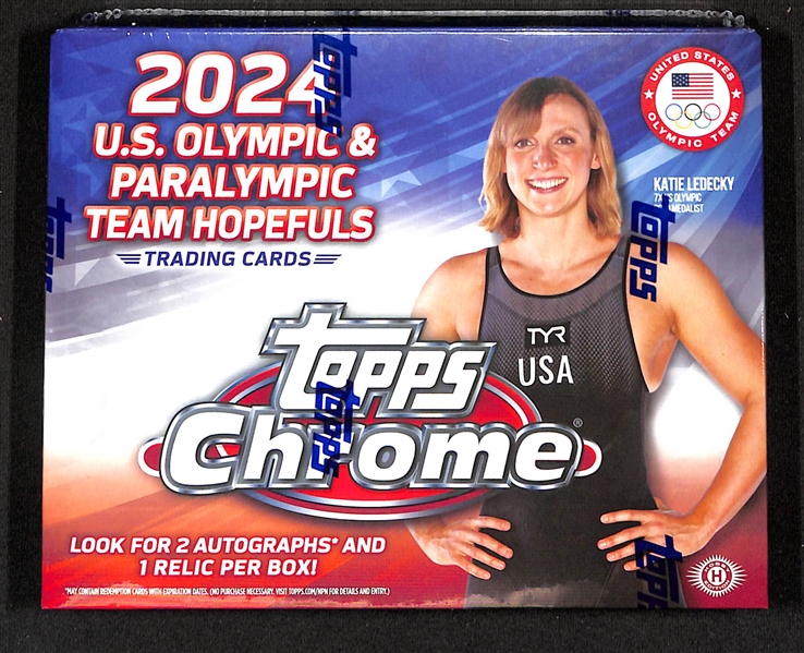 Factory Sealed 2024 Topps Chrome U.S. Olympic & Paralympic Team Hopefuls Hobby Box (3 hits per box) w. Phelps, Ledecky