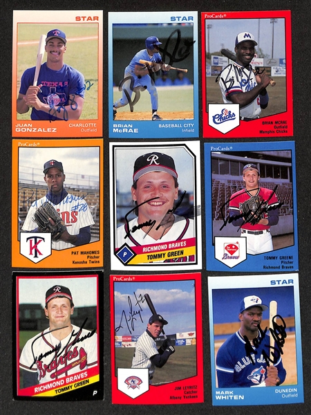 430+ Signed Minor League Baseball Cards Inc. Juan Gonzalez, (2) Brian McRae, Pat Mahomes Sr., (3) Tommy Greene, Jim Leyritz, + (JSA Auction Letter)
