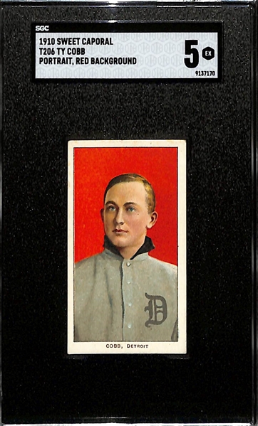 High Grade 1910 T206 Ty Cobb (Portrait, Red Background) w. Sweet Caporal Cigarettes Back (350 Subjects, Factory No. 30) Graded SGC 5
