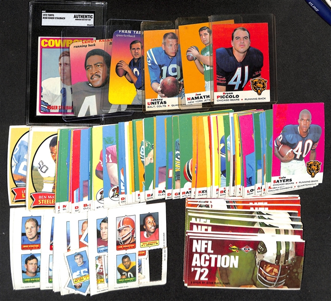 Lot of (75) 1969 Topps Football Cards w. Bryon Piccolo RC, Joe Namath & 1972 Roger Staubach SGC AUTH.  