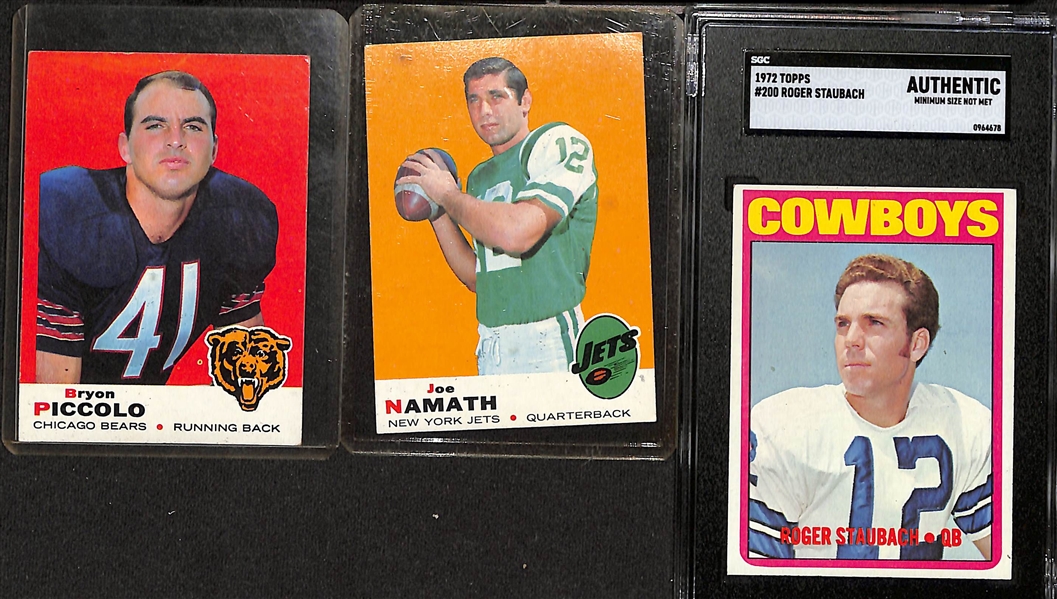 Lot of (75) 1969 Topps Football Cards w. Bryon Piccolo RC, Joe Namath & 1972 Roger Staubach SGC AUTH.  