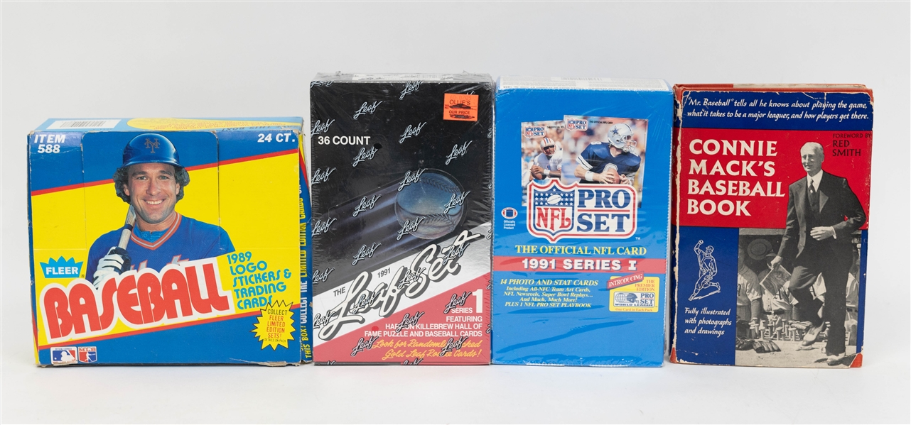 Sealed Wax & Book Lot - 1950 Connie Mack's Baseball Book, 1989 Fleer Baseball Cello Wax Box, 1991 Leaf Baseball 1st Series Wax Box, & 1991 ProSet Football Series 1 Wax Box
