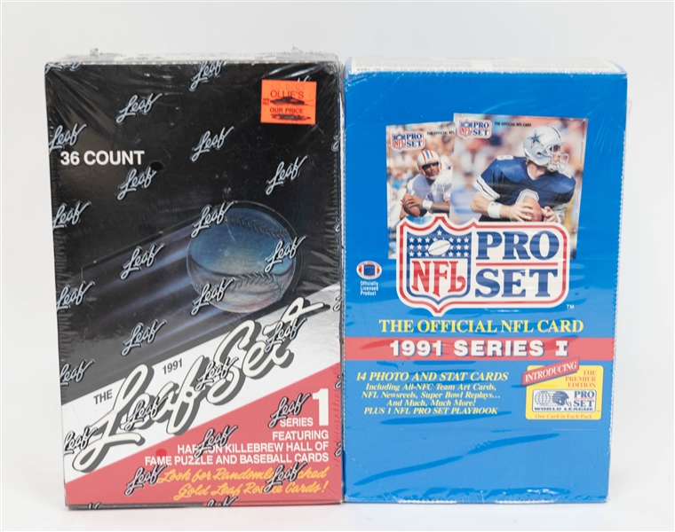 Sealed Wax & Book Lot - 1950 Connie Mack's Baseball Book, 1989 Fleer Baseball Cello Wax Box, 1991 Leaf Baseball 1st Series Wax Box, & 1991 ProSet Football Series 1 Wax Box