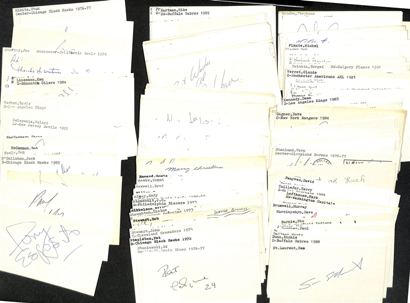 Lot of (200+) Signed Mostly Hockey Index Cards inc. Tony Esposito, Paul Coffey, Gil Perreault, Jack O'Callahan, + (JSA Auction Letter)