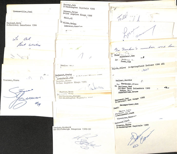 Lot of (200+) Signed Mostly Hockey index Cards inc. Steve Yzerman, Mike Bossy, Don Cherry, Mike Ramsey, + (JSA Auction Letter)