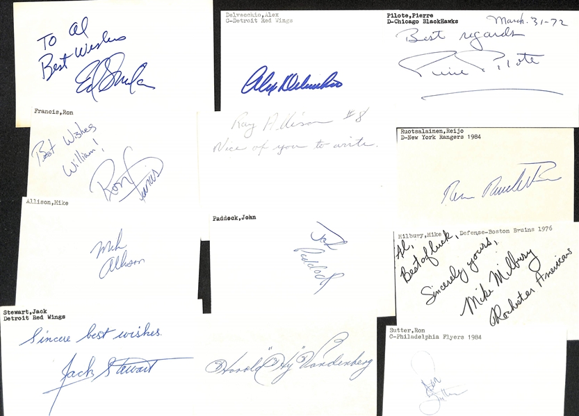 Lot of (200+) Signed Mostly Hockey Index Cards inc, Ed Snider, Alex Delvecchio, Pierre Pilote, Ron Francis, + (JSA Auction Letter)