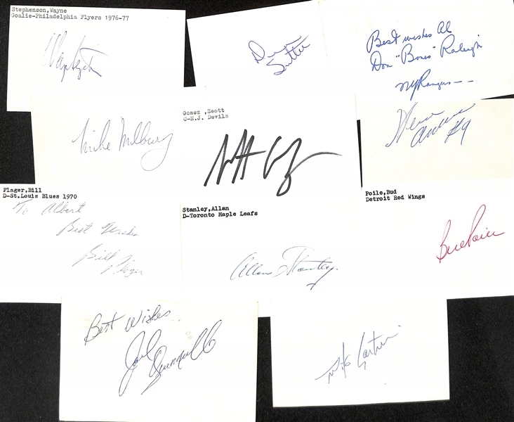 Lot of (200+) Signed Mostly Hockey Index Cards inc, Ed Snider, Alex Delvecchio, Pierre Pilote, Ron Francis, + (JSA Auction Letter)