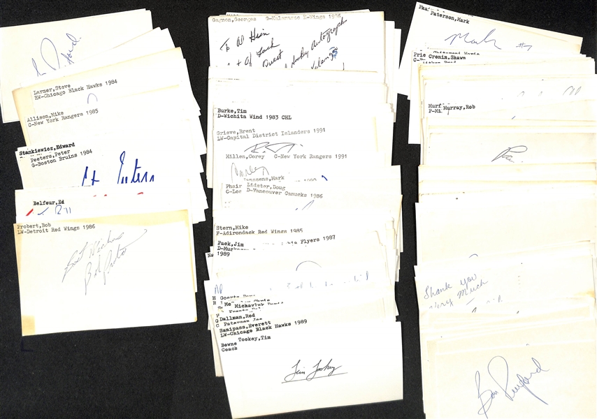 Lot of (200+) Signed Mostly Hockey Index Cards inc, Bob Probert, Craig Ramsay, Ed Belfour, Jim Craig, Brian Propp, + (JSA Auction Letter)