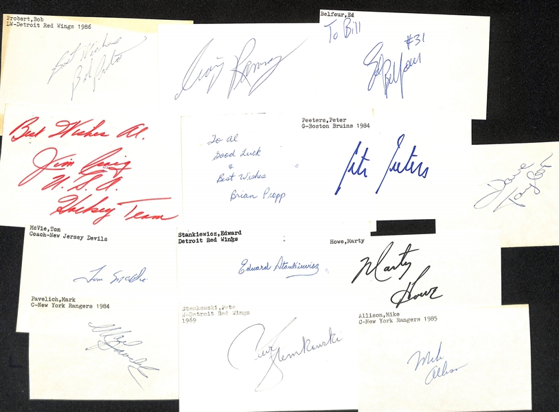 Lot of (200+) Signed Mostly Hockey Index Cards inc, Bob Probert, Craig Ramsay, Ed Belfour, Jim Craig, Brian Propp, + (JSA Auction Letter)