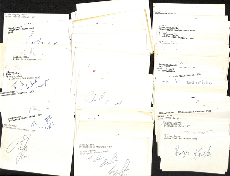 Lot of (200+) Signed Mostly Hockey Index Cards inc. Patrick Roy, Ed Belfour, Scott Stevens, Ron Duguay, + (JSA Auction Letter)