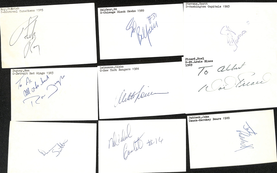 Lot of (200+) Signed Mostly Hockey Index Cards inc. Patrick Roy, Ed Belfour, Scott Stevens, Ron Duguay, + (JSA Auction Letter)