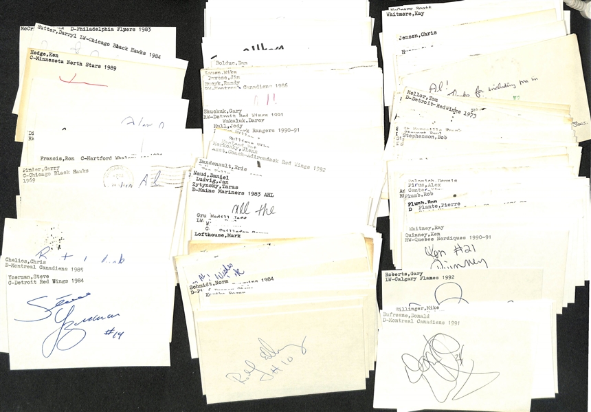lot of (150+) Signed Mostly Hockey Index Cards inc. Steve Yzerman, Chris Chelios, Ray Bourque, Barry Bonnell, Steve Kasper, + (JSA Auction Letter)