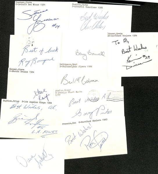 lot of (150+) Signed Mostly Hockey Index Cards inc. Steve Yzerman, Chris Chelios, Ray Bourque, Barry Bonnell, Steve Kasper, + (JSA Auction Letter)