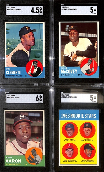 1963 Topps Graded Lot of (4) w. Hank Aaron (SGC 6), Stargell Rookie (SGC 5), Roberto Clemente (SGC 4.5), Willie McCovey (SGC 5)