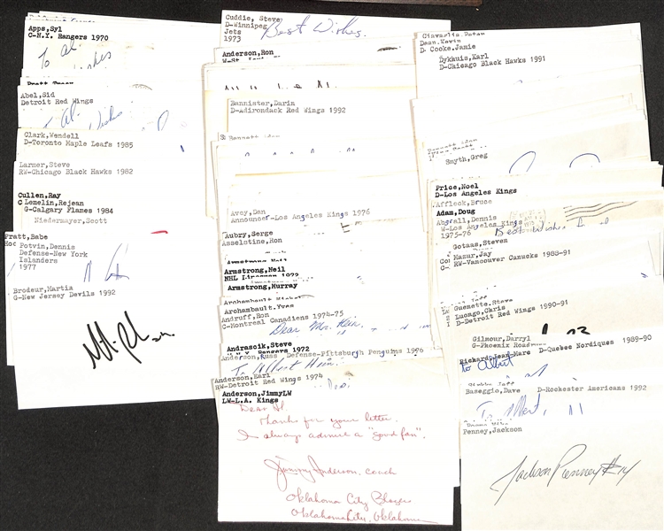 Lot of (50+) Signed Mostly Hockey Index Cards inc. Martin Brodeur, Denis Potvin, Babe Pratt, Scott Niedermayer, + (JSA Auction Letter)