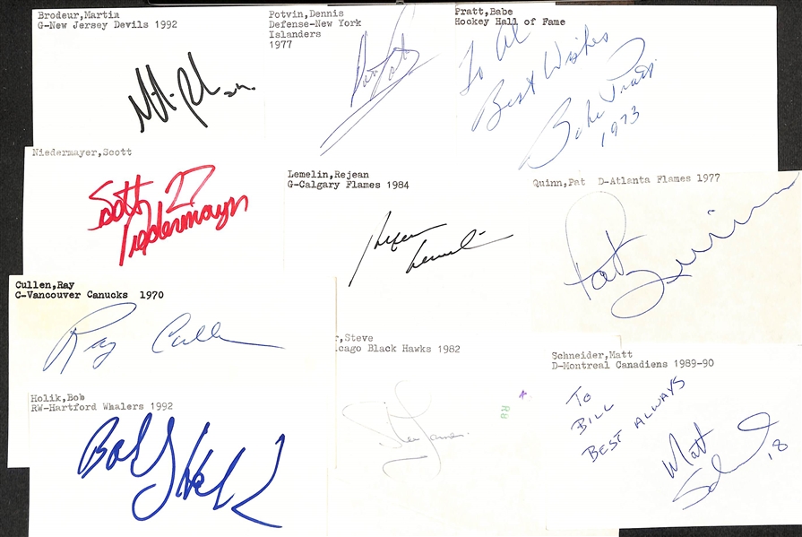Lot of (50+) Signed Mostly Hockey Index Cards inc. Martin Brodeur, Denis Potvin, Babe Pratt, Scott Niedermayer, + (JSA Auction Letter)