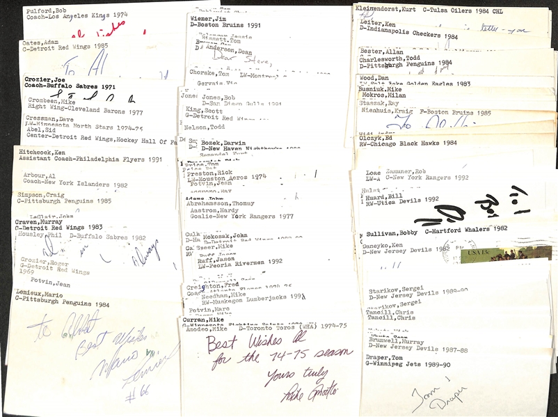 Lot of (50+) Signed Mostly Hockey Index Cards inc. Mario Lemieux, Darryl Sutter, Jean Potvin, Roger Crozier, + (JSA Auction Letter)