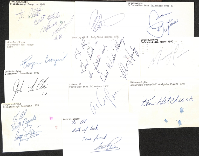 Lot of (50+) Signed Mostly Hockey Index Cards inc. Mario Lemieux, Darryl Sutter, Jean Potvin, Roger Crozier, + (JSA Auction Letter)