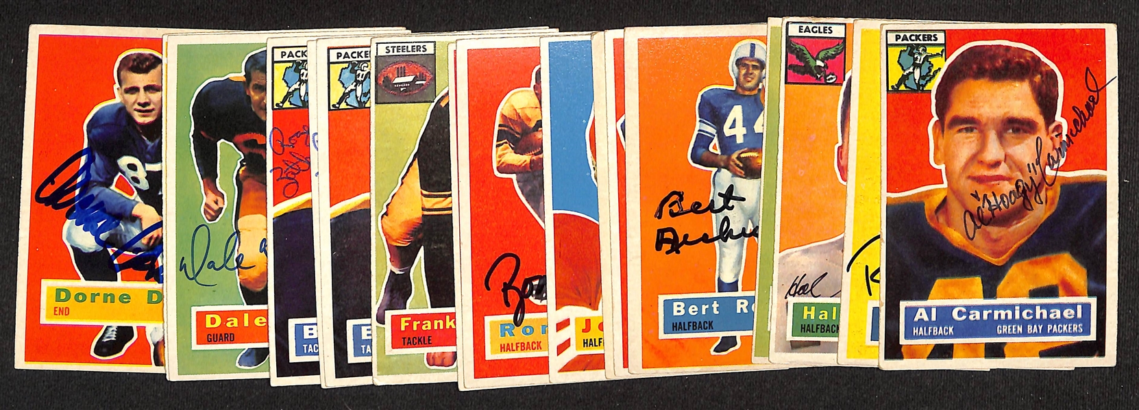 (17) Signed 1956 Topps Football Cards w. Al Carmichael, Rich Casares, Hal Giancanelli, Fran Rogel, Bert Richardson, (2) Bill Stits, Joe Arenas, (2) Ron Waller, Frank Varrichione, (3) Bob Zatkoff,...