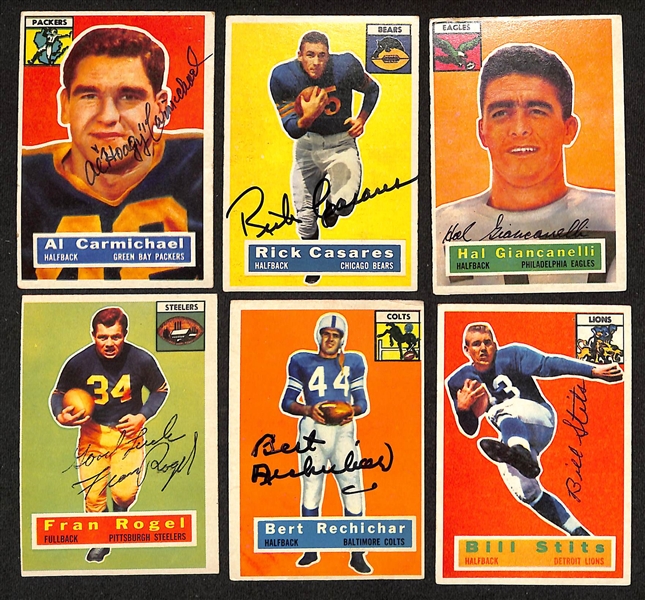 (17) Signed 1956 Topps Football Cards w. Al Carmichael, Rich Casares, Hal Giancanelli, Fran Rogel, Bert Richardson, (2) Bill Stits, Joe Arenas, (2) Ron Waller, Frank Varrichione, (3) Bob Zatkoff,...