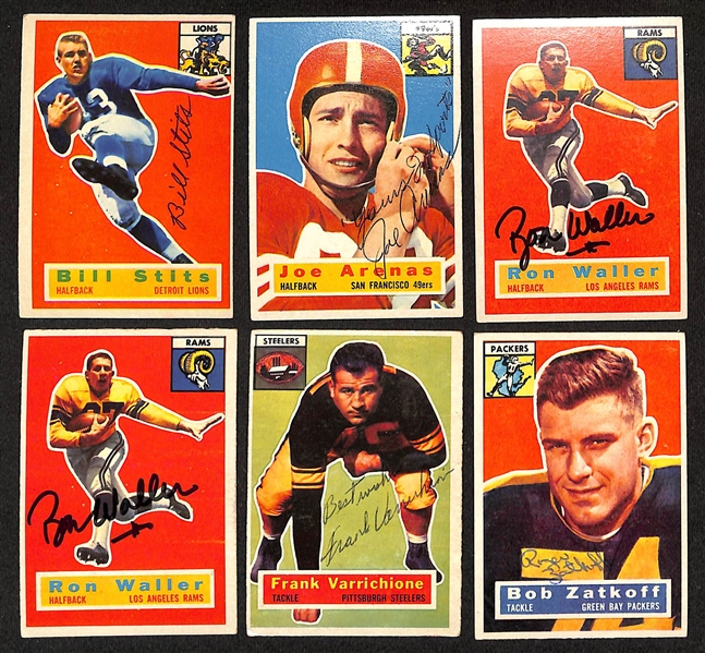 (17) Signed 1956 Topps Football Cards w. Al Carmichael, Rich Casares, Hal Giancanelli, Fran Rogel, Bert Richardson, (2) Bill Stits, Joe Arenas, (2) Ron Waller, Frank Varrichione, (3) Bob Zatkoff,...