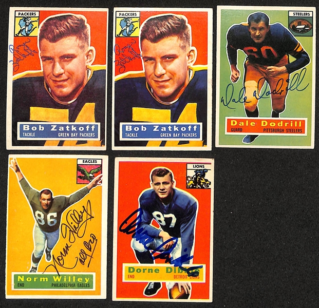 (17) Signed 1956 Topps Football Cards w. Al Carmichael, Rich Casares, Hal Giancanelli, Fran Rogel, Bert Richardson, (2) Bill Stits, Joe Arenas, (2) Ron Waller, Frank Varrichione, (3) Bob Zatkoff,...