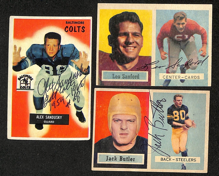 (14) Signed 1955 & 1957 Topps Football Cards inc. Alex Sandusky, Leo Sanford, Jack Butler, Jerry Norton, + (JSA Auction Letter)