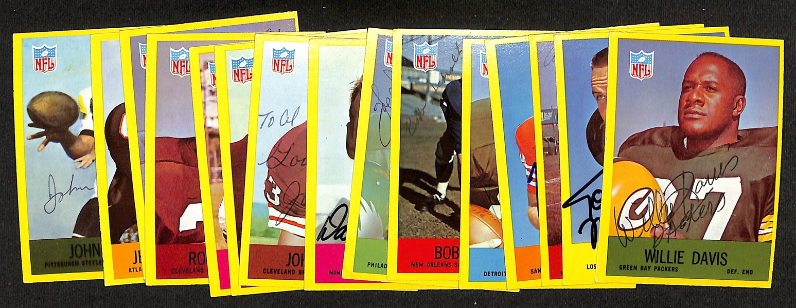 (15) Signed 1967 Philadelphia Gum Football Cards w. WIllie Davis, Tom Moore, Allen Jacobs, Ken Willard, Ron Kramer, Bob Scholtz, Joe Scarpati, Dale Hackbart, John Brewer, Dick Schafrath, Paul...