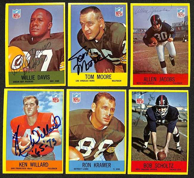 (15) Signed 1967 Philadelphia Gum Football Cards w. WIllie Davis, Tom Moore, Allen Jacobs, Ken Willard, Ron Kramer, Bob Scholtz, Joe Scarpati, Dale Hackbart, John Brewer, Dick Schafrath, Paul...