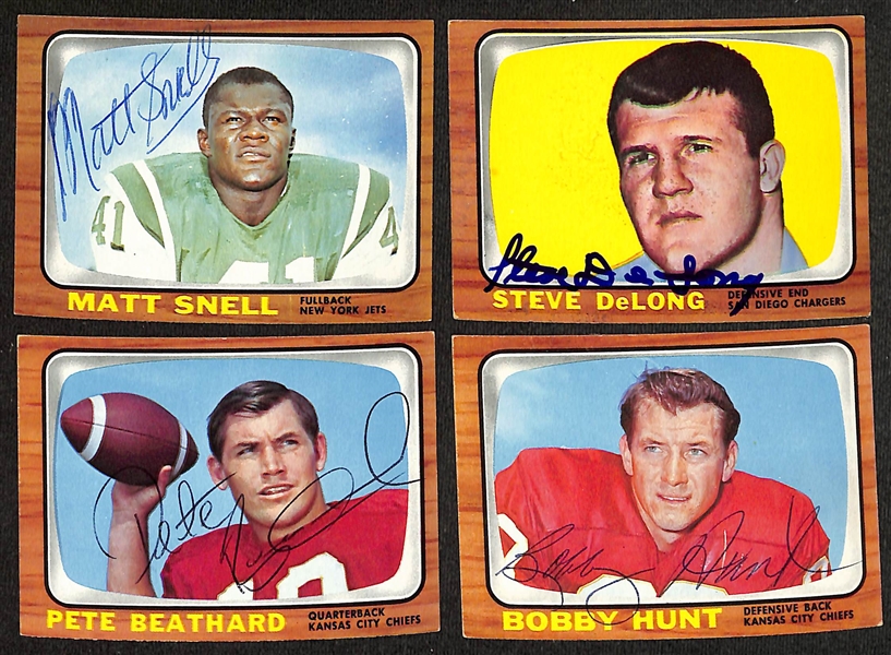 (14) Signed 1966 Topps Football Cards w. Dick Hudson, Matt Snell, Steve DeLong, Pete Beathard, Bobby Hunt, Jim Dunaway, Mickey Slaughter, Pat Shea, Chuck Allen, Glenn Bass, Al Bemiller, Paul...