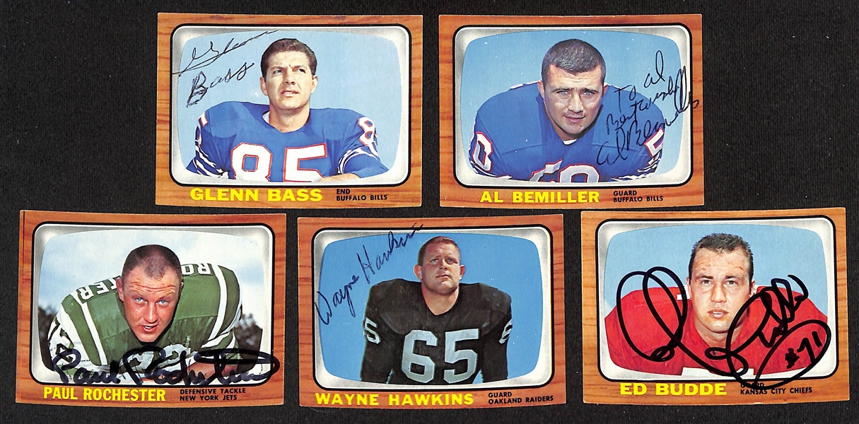 (14) Signed 1966 Topps Football Cards w. Dick Hudson, Matt Snell, Steve DeLong, Pete Beathard, Bobby Hunt, Jim Dunaway, Mickey Slaughter, Pat Shea, Chuck Allen, Glenn Bass, Al Bemiller, Paul...