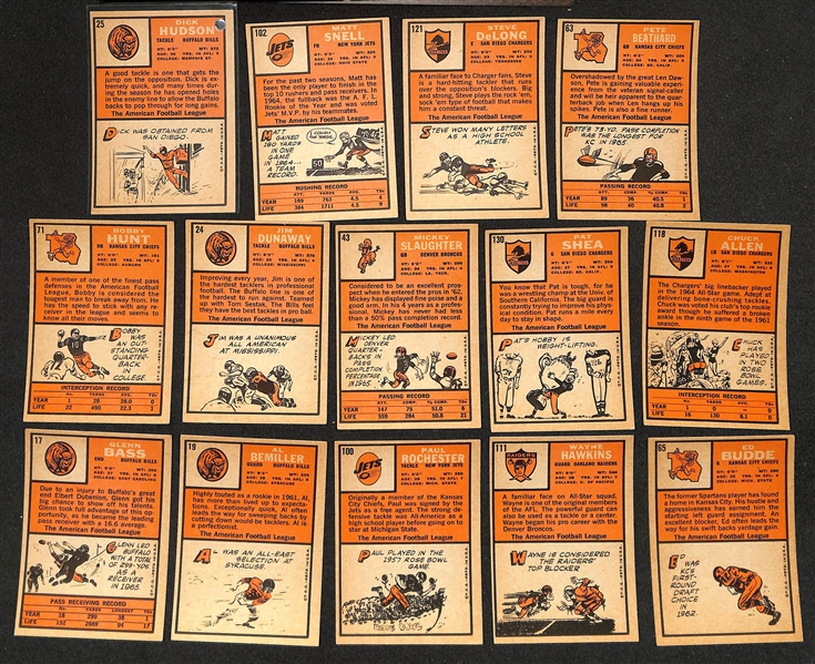 (14) Signed 1966 Topps Football Cards w. Dick Hudson, Matt Snell, Steve DeLong, Pete Beathard, Bobby Hunt, Jim Dunaway, Mickey Slaughter, Pat Shea, Chuck Allen, Glenn Bass, Al Bemiller, Paul...