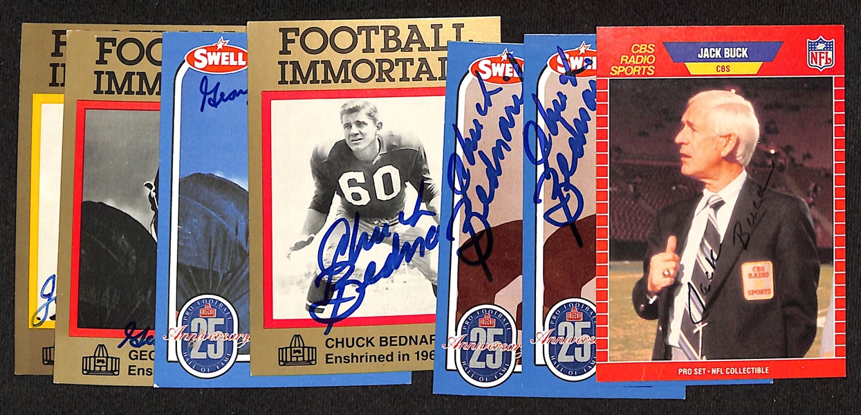 Lot of (7) Signed Football Cards w. Jack Buck (Rare), (3) Chuck Bednarik, (2) George Connor, John Henry Johnson (JSA Auction Letter)