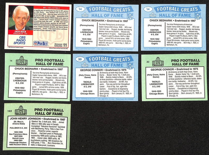 Lot of (7) Signed Football Cards w. Jack Buck (Rare), (3) Chuck Bednarik, (2) George Connor, John Henry Johnson (JSA Auction Letter)