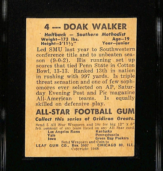 1948 Leaf Doak Walker (HOF) Rookie Card # 4 Graded SGC 3