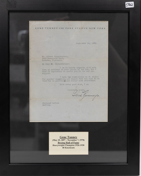 Signed Letter From Boxing HOFer Gene Tunney Dated September 14, 1932 - Matted & Framed - Comes w. Full JSA LOA