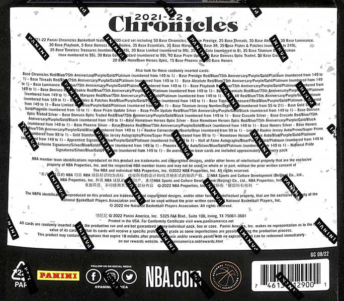2021-22 Panini Chronicles Basketball Hobby Box - Sealed (2 autos) w. Cunningham, Green chase