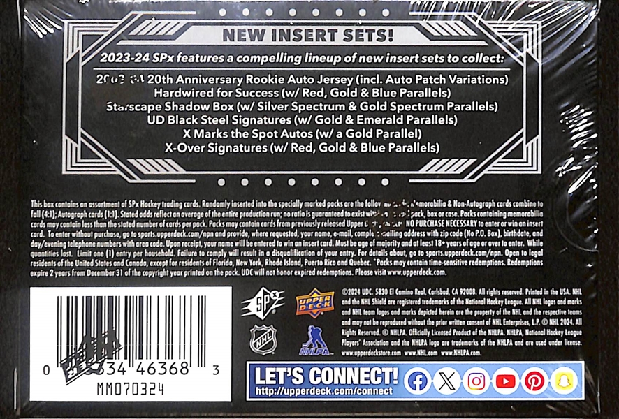 2023/24 Upper Deck SPx Hockey Hobby Box (1 auto) w. Bedard chase