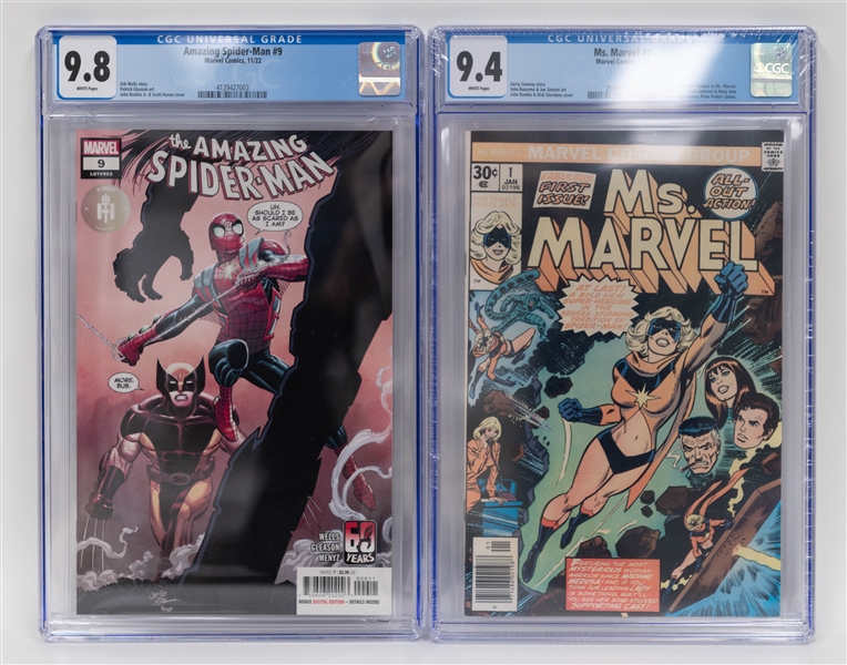 Lot of (2) Graded Comics w. 1977 Marvel Comics Ms. Marvel #1 CGC 9.4 and 2022 Amazing Spider-Man #9 CGC 9.8