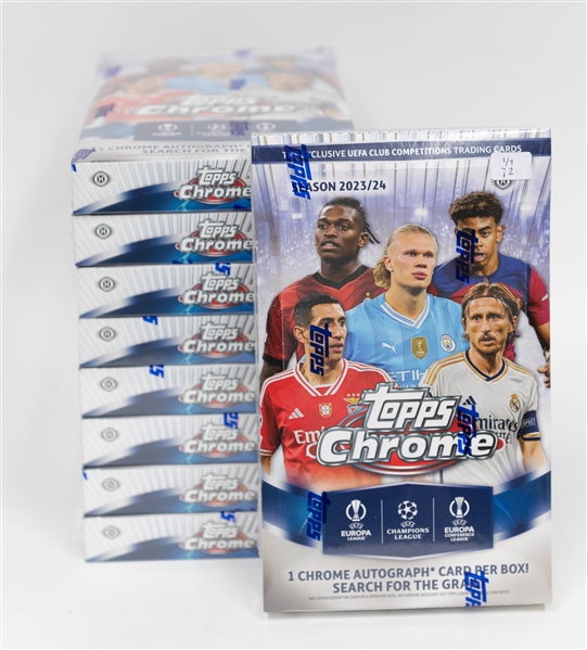 Lot of (9) 2023/24 Topps UEFA Club Competitions Chrome Soccer Hobby Boxes (1 auto per box) w. Messi, Ronaldo, Yamal potential