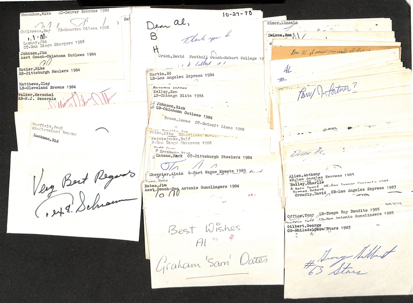 Lot of (145+) Signed Mostly Football Index Cards w. Tex Schrom & Sid Luckman (JSA Auction Letter)