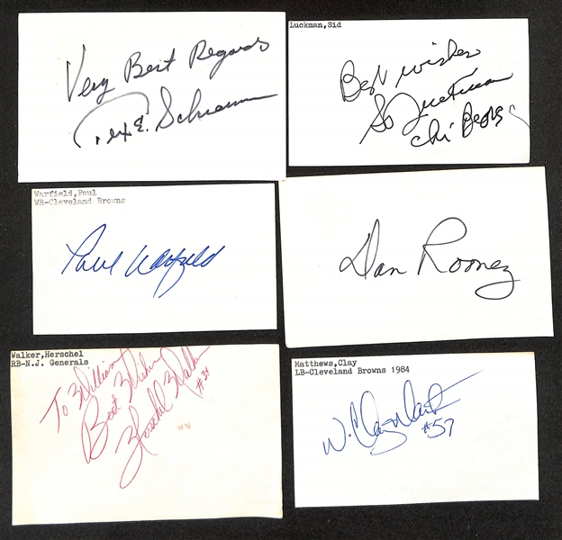 Lot of (145+) Signed Mostly Football Index Cards w. Tex Schrom & Sid Luckman (JSA Auction Letter)