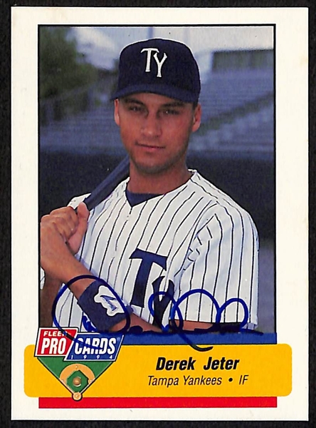 (4) Derek Jeter Signed Minor League Pre-Rookie Cards - 1993 Fler Pro Cards, 1993 Classic Best #91A, 1993 Classic Best #1A, 1994 Fleer Pro Cards (JSA Auction Letter)