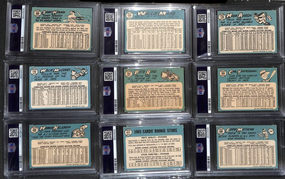 1965 Topps Near Complete Baseball Card Set (Missing the Mickey Mantle #350 Card) - Mostly VG-NM w. 19 PSA Graded Cards - Koufax (PSA 5), Mays (PSA 5), Aaron (PSA 3), McCovey (PSA 7), Rose (PSA 5)