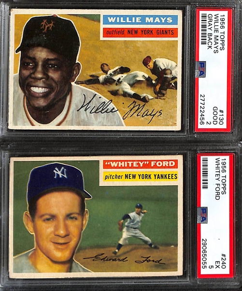 (8) Graded 1956 Topps Cards - Mays (PSA 2), Ford (PSA 5), Rizzuto (PSA 6.5), Irvin (PSA 6), Newcombe (PSA 6), Schoendienst (PSA 5), Ashburn (PSA 5), Spahn (PSA 5)
