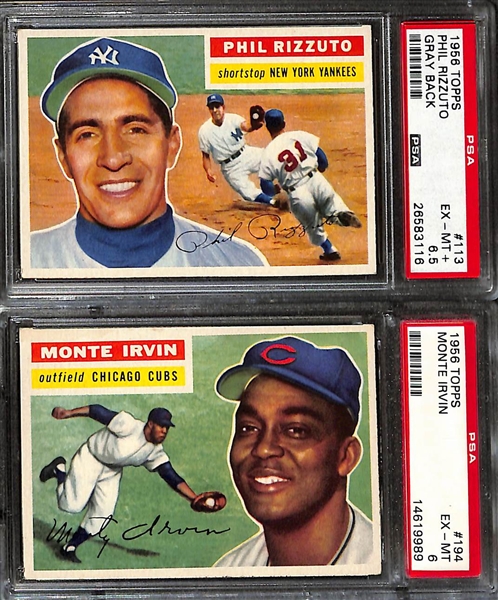 (8) Graded 1956 Topps Cards - Mays (PSA 2), Ford (PSA 5), Rizzuto (PSA 6.5), Irvin (PSA 6), Newcombe (PSA 6), Schoendienst (PSA 5), Ashburn (PSA 5), Spahn (PSA 5)