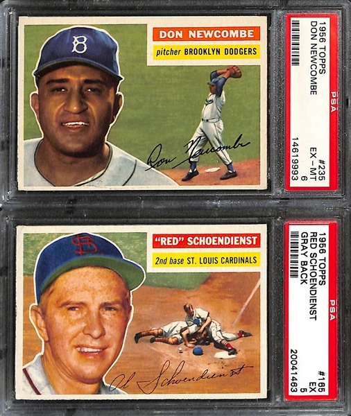 (8) Graded 1956 Topps Cards - Mays (PSA 2), Ford (PSA 5), Rizzuto (PSA 6.5), Irvin (PSA 6), Newcombe (PSA 6), Schoendienst (PSA 5), Ashburn (PSA 5), Spahn (PSA 5)