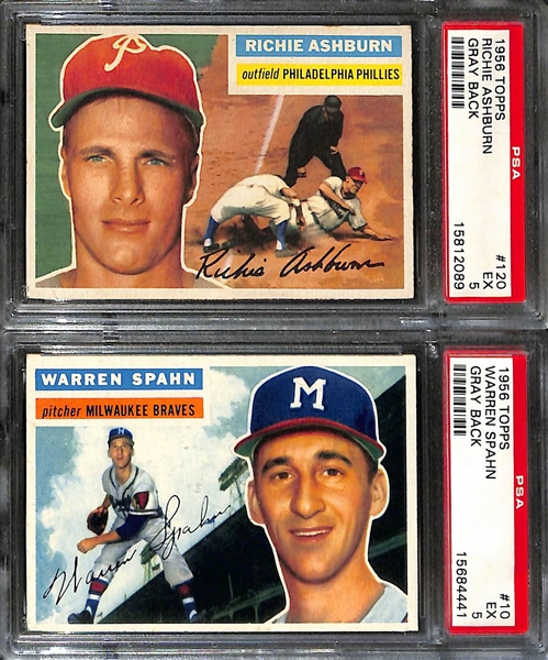 (8) Graded 1956 Topps Cards - Mays (PSA 2), Ford (PSA 5), Rizzuto (PSA 6.5), Irvin (PSA 6), Newcombe (PSA 6), Schoendienst (PSA 5), Ashburn (PSA 5), Spahn (PSA 5)