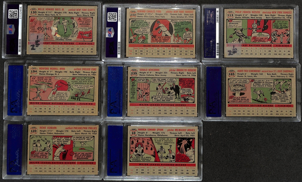 (8) Graded 1956 Topps Cards - Mays (PSA 2), Ford (PSA 5), Rizzuto (PSA 6.5), Irvin (PSA 6), Newcombe (PSA 6), Schoendienst (PSA 5), Ashburn (PSA 5), Spahn (PSA 5)